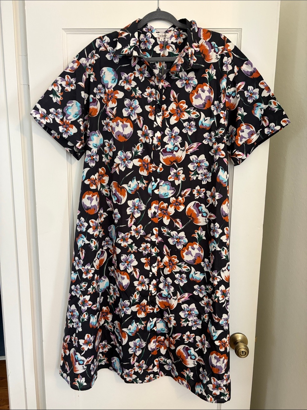 Tucker Black Floral Midi Dress with Orange and Teal Accents